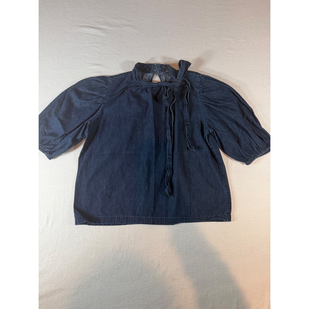 Ann Taylor Denim Puff Sleeve Blouse Dark Wash Side Tie Mock Neck Top Small P
